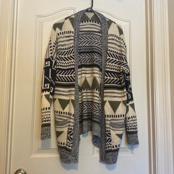 Charlotte Russe Sweaters - Patterned White, Blue and Green Cardigan